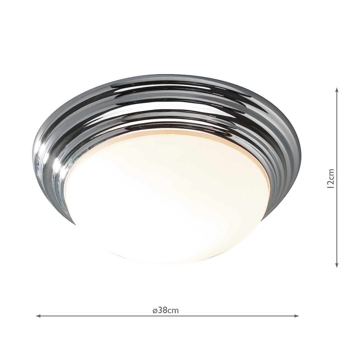 Chrome ceiling light with a white diffuser, 38cm diameter and 12cm height.