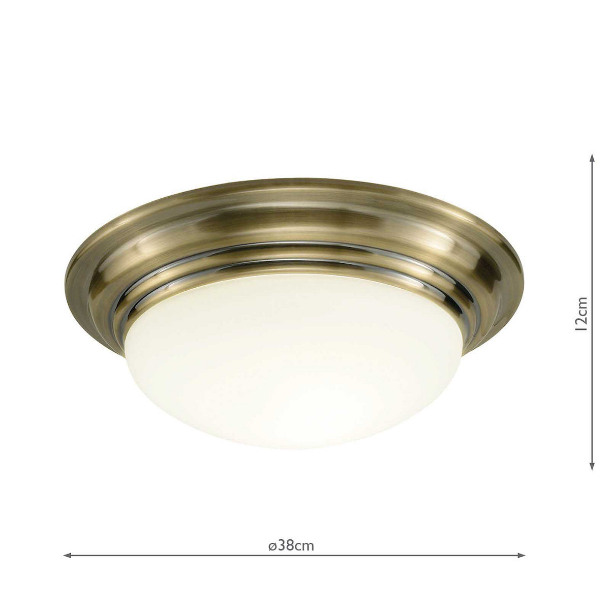 Antique brass flush ceiling light with a domed opal glass diffuser. It measures 38cm in diameter and 12cm high.