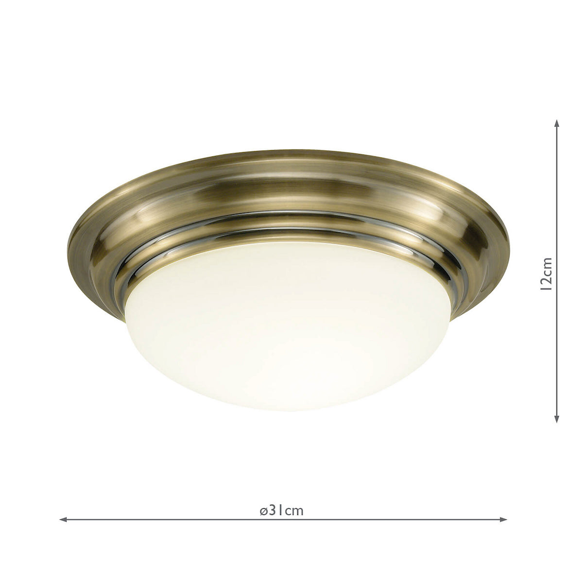Antique brass flush ceiling light with a frosted glass diffuser, 31cm diameter and 12cm height.