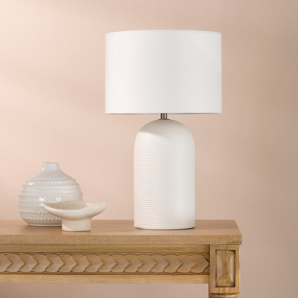 Bayonne Ceramic Table Lamp in Matt White with Ivory Linen Shade
