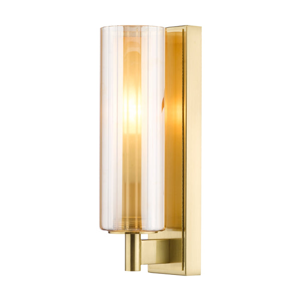 Dar Lighting Bevin IP44 wall light in natural brass with amber ribbed glass shade