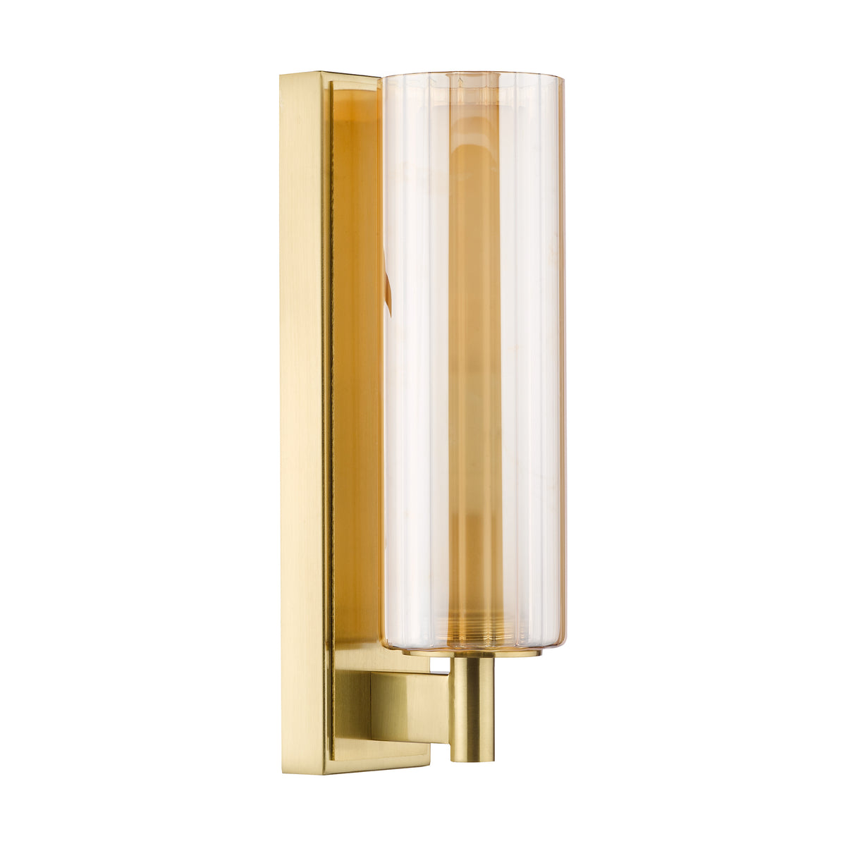 Bevin IP44 Wall Light in Natural Brass with Amber Ribbed Glass Shade