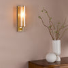 Bevin IP44 Wall Light in Natural Brass with Amber Ribbed Glass Shade