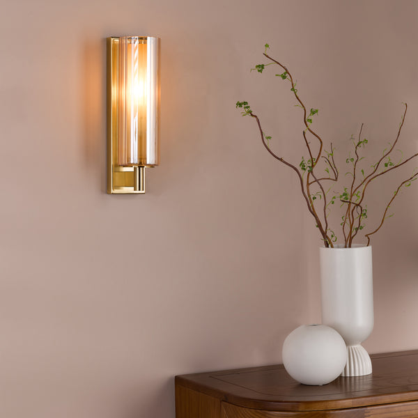 Bevin IP44 Wall Light in Natural Brass with Amber Ribbed Glass Shade