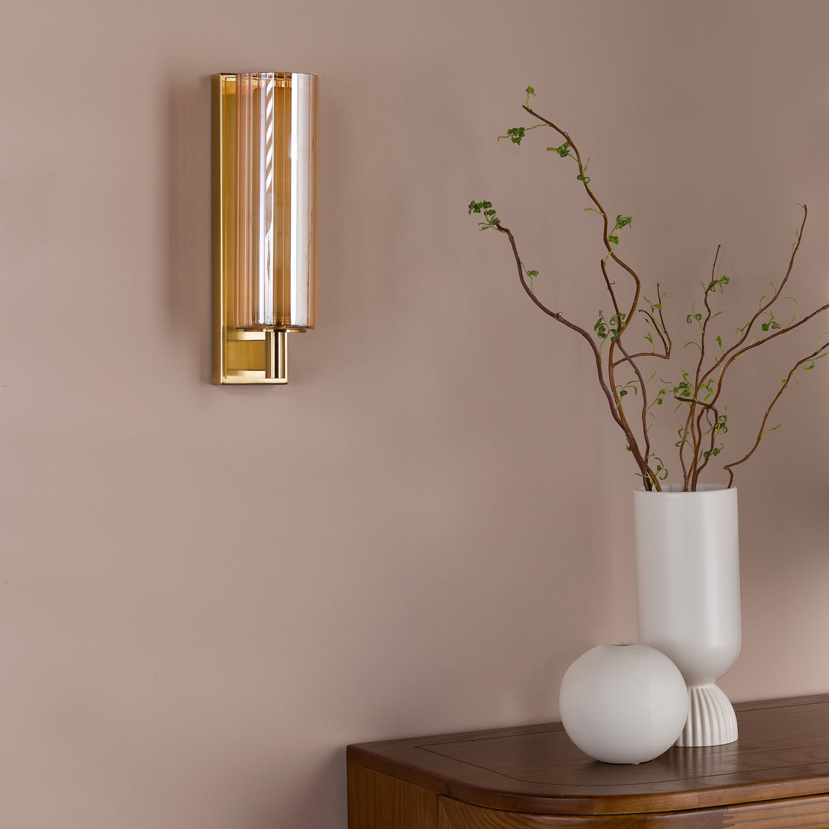 Bevin IP44 Wall Light in Natural Brass with Amber Ribbed Glass Shade