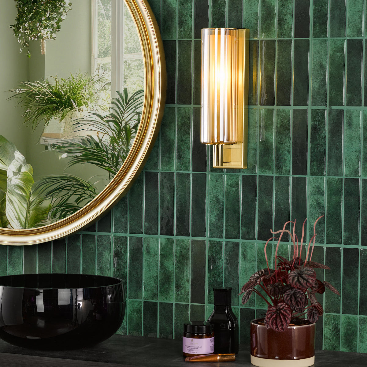 Bevin IP44 Wall Light in Natural Brass with Amber Ribbed Glass Shade