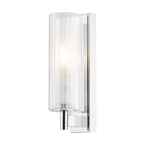 Chrome wall sconce with a vertical ribbed glass cylindrical shade