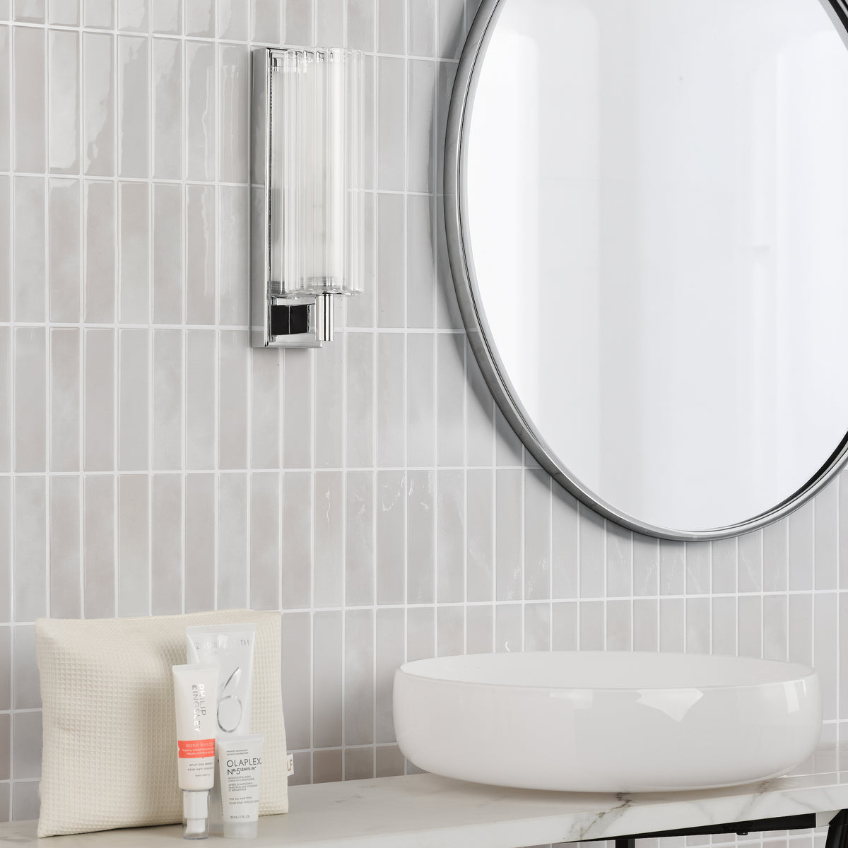 Bevin IP44 Wall Light in Polished Chrome with Ribbed Glass Shade