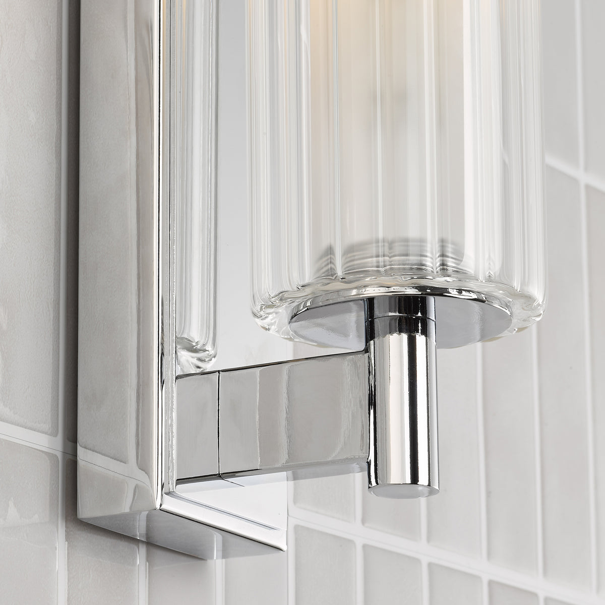 Bevin IP44 Wall Light in Polished Chrome with Ribbed Glass Shade