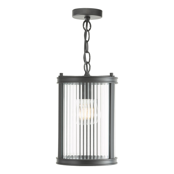 Black metal outdoor pendant light with clear fluted glass shade