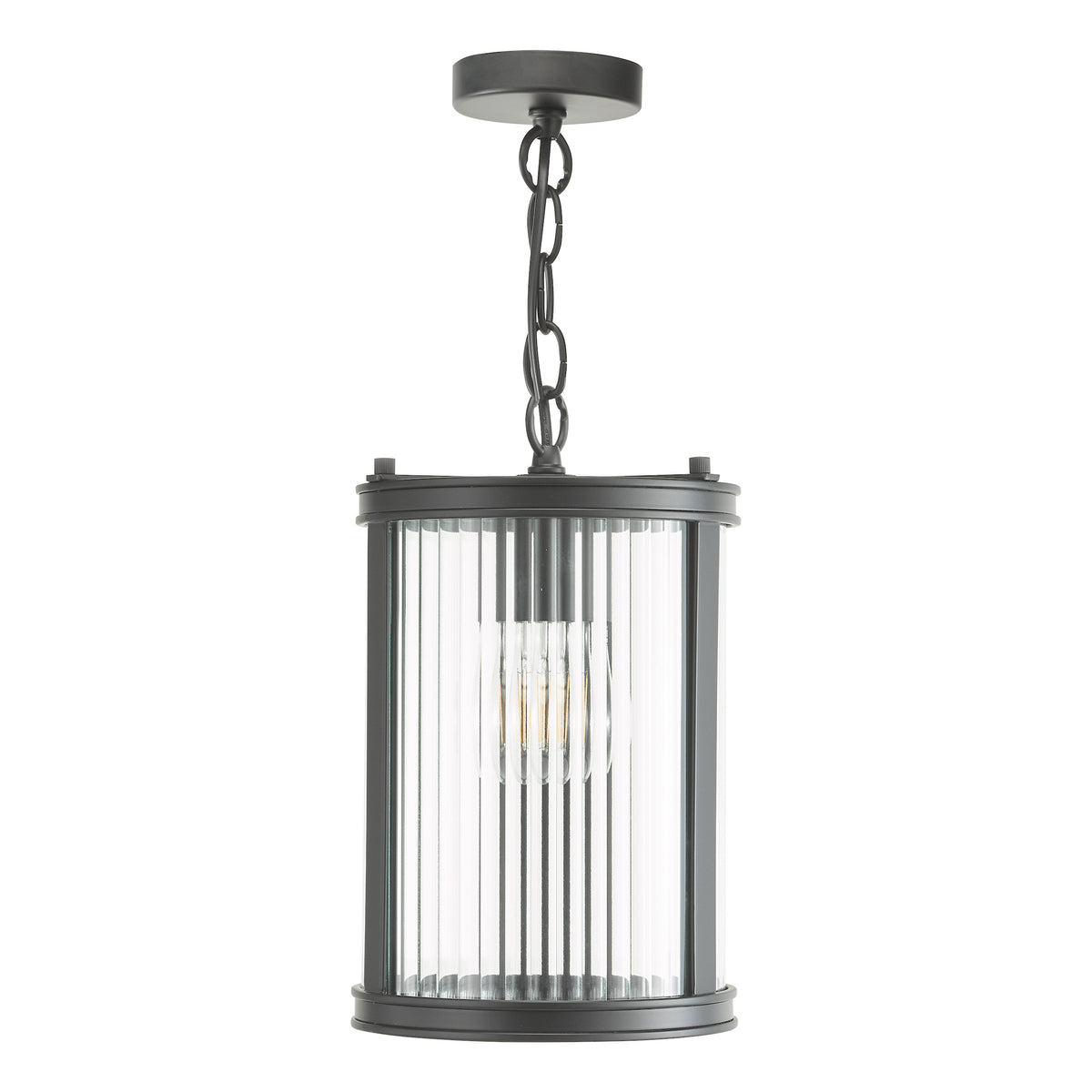 Black metal outdoor pendant light with clear fluted glass shade