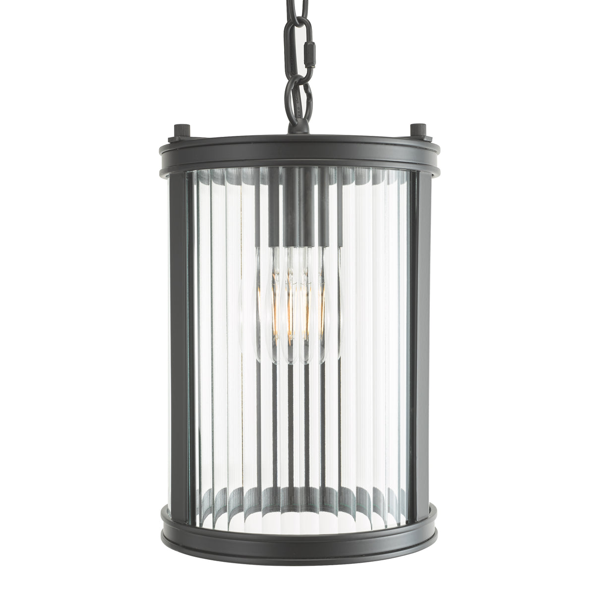 Black metal and fluted glass pendant light with an exposed bulb