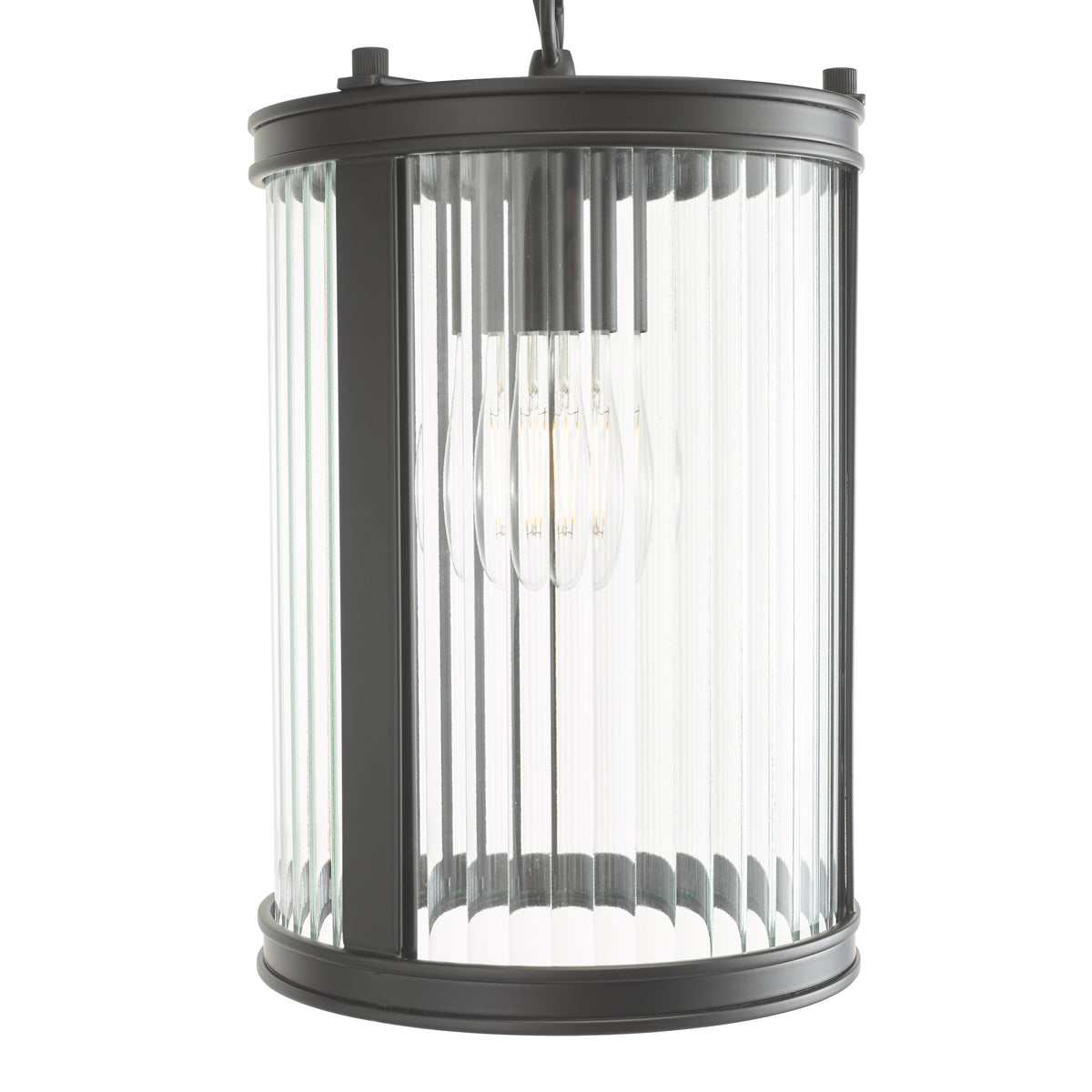 Black metal and fluted glass outdoor pendant light with exposed bulbs