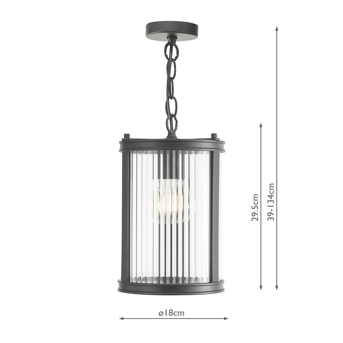 Black metal and fluted glass ceiling pendant with exposed bulb and dimensions