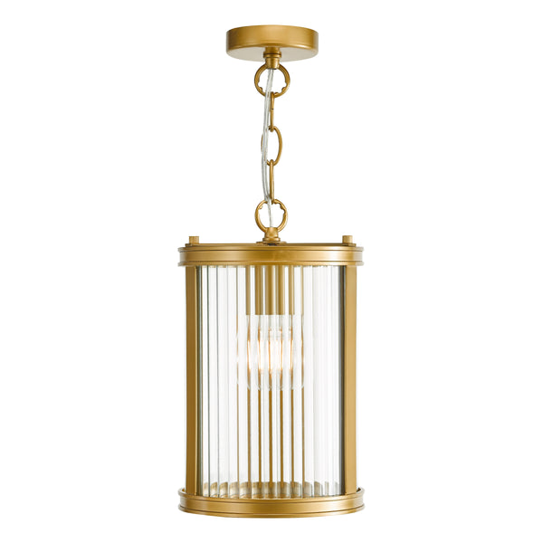 Gold pendant light with a cylindrical fluted glass shade and an exposed bulb