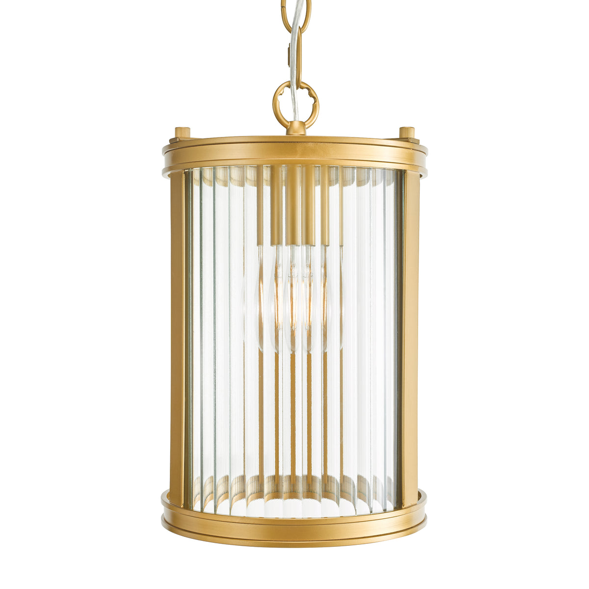 Cylindrical brass pendant light with fluted glass panels and an exposed bulb