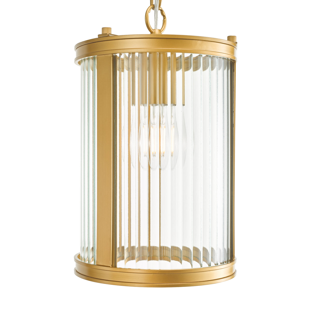 Cylindrical brass pendant light with fluted glass shade and exposed bulbs