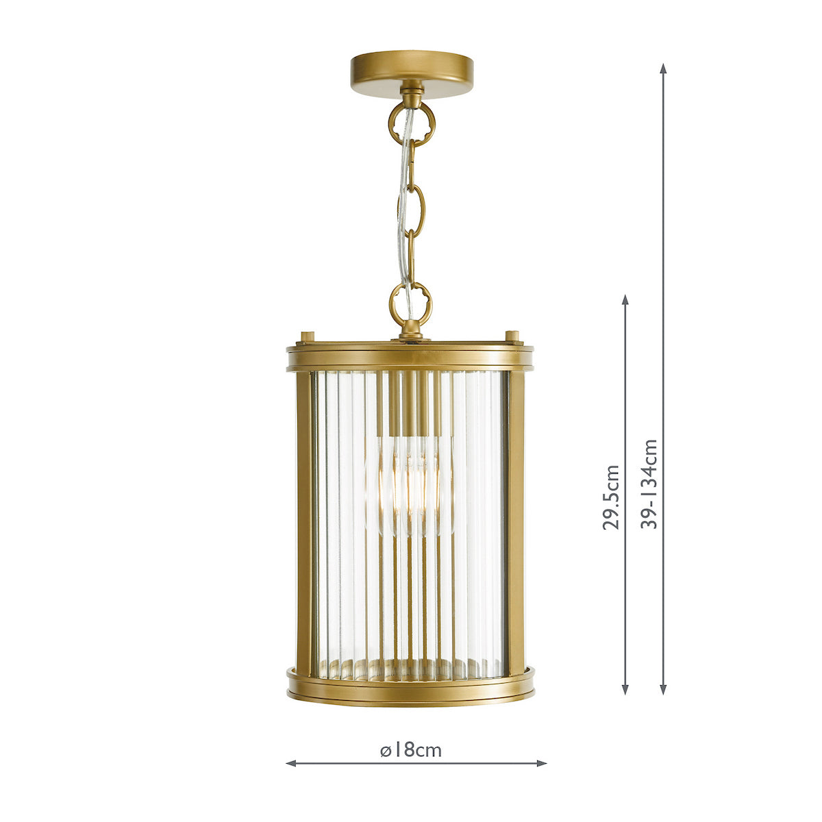 Brass pendant light with fluted glass and visible filament bulb, dimensions 18cm wide, 29.5cm high