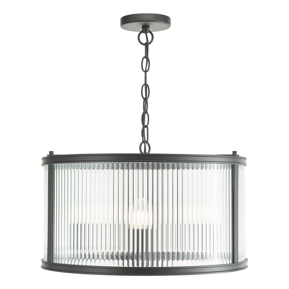 Round chandelier with a black frame and fluted glass shade