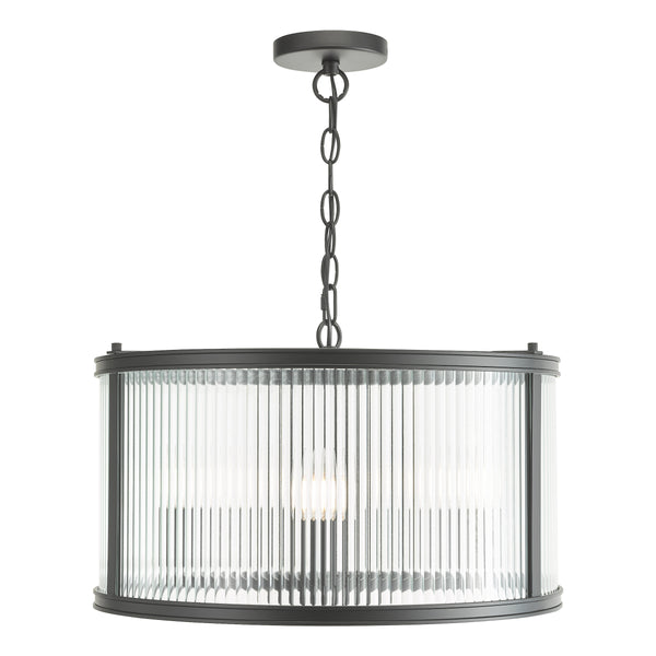 Round chandelier with a black frame and fluted glass shade
