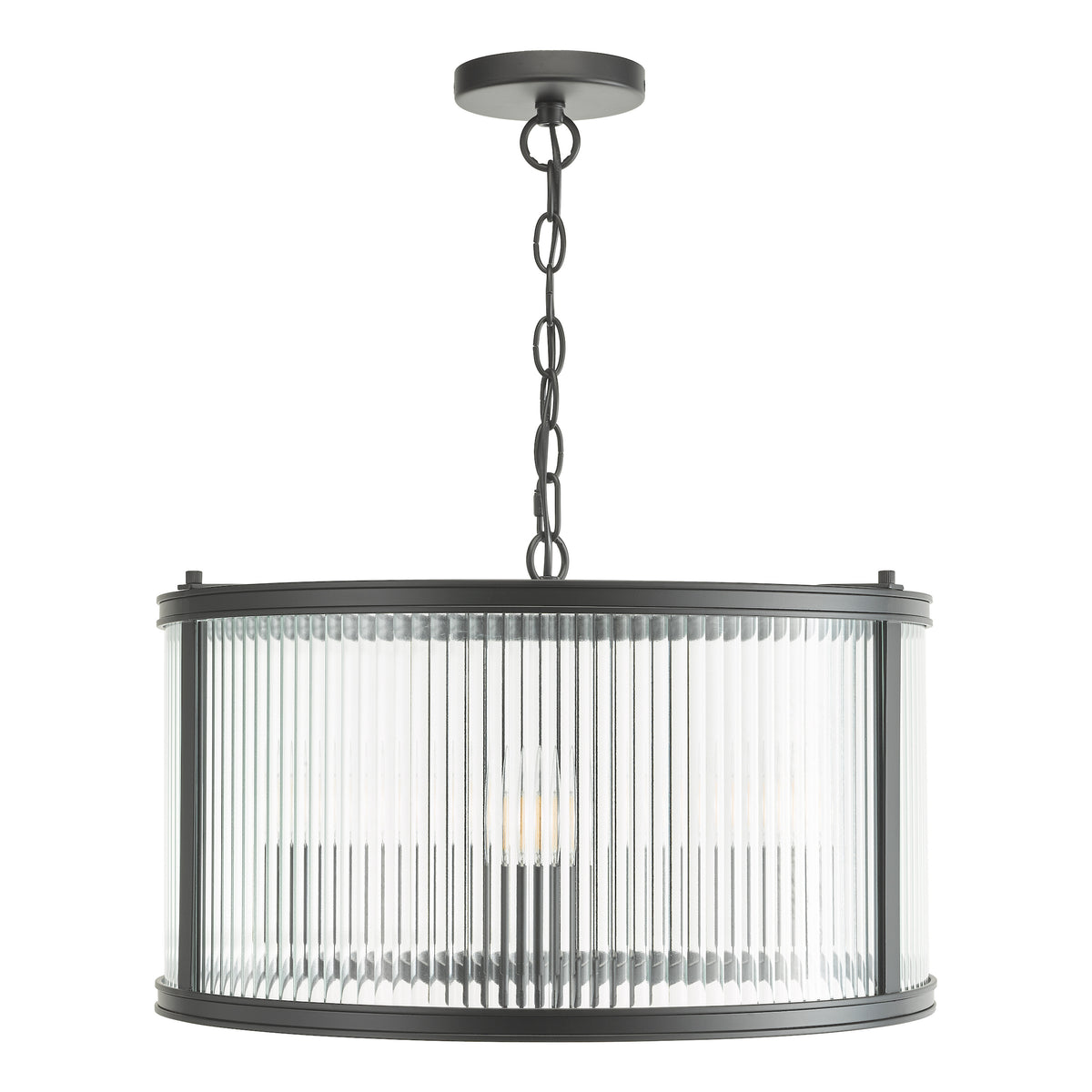 Black metal and fluted glass drum pendant light with exposed bulbs