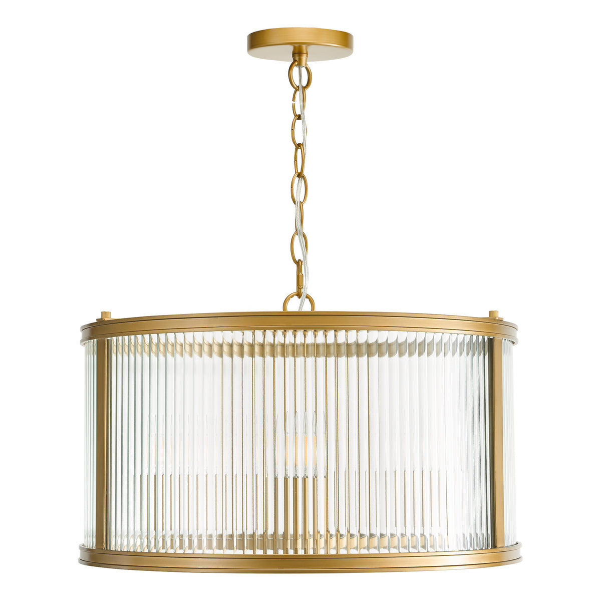 Round brass chandelier with fluted glass shade and exposed bulb