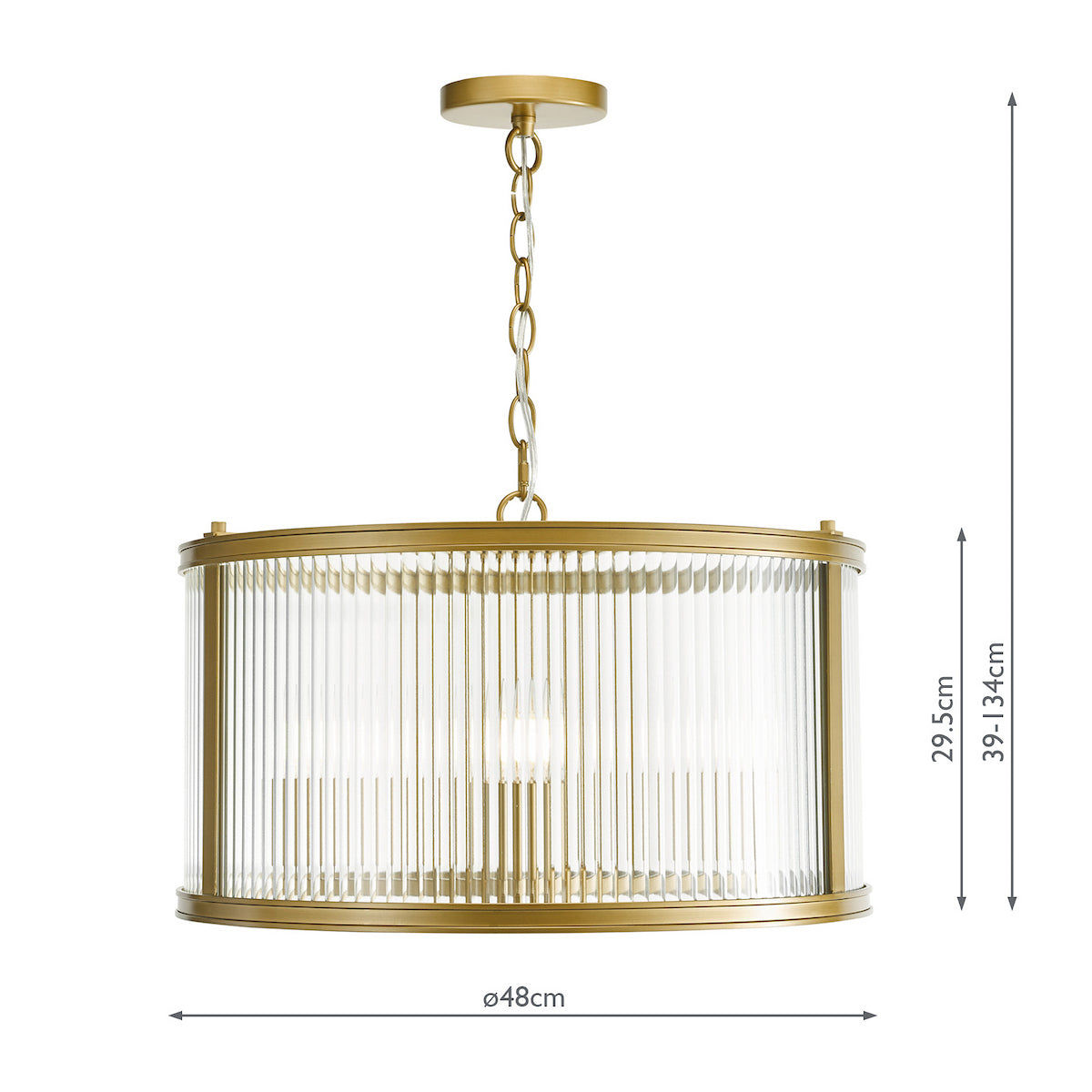 Brass pendant light with fluted glass shade and visible measurements