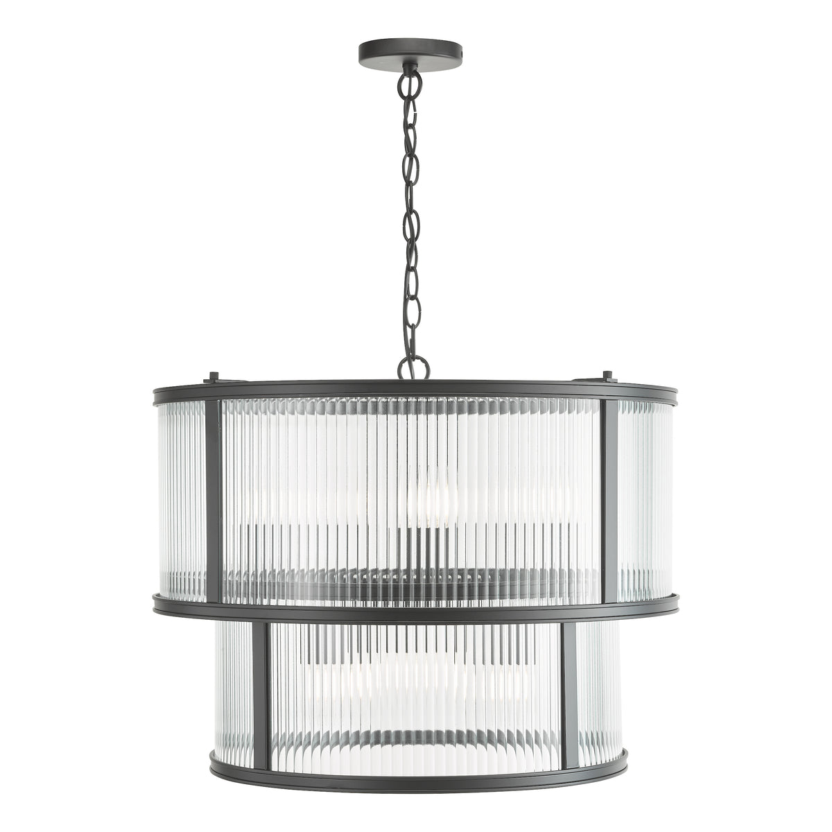 Two-tiered chandelier with fluted glass shades and a dark metal frame