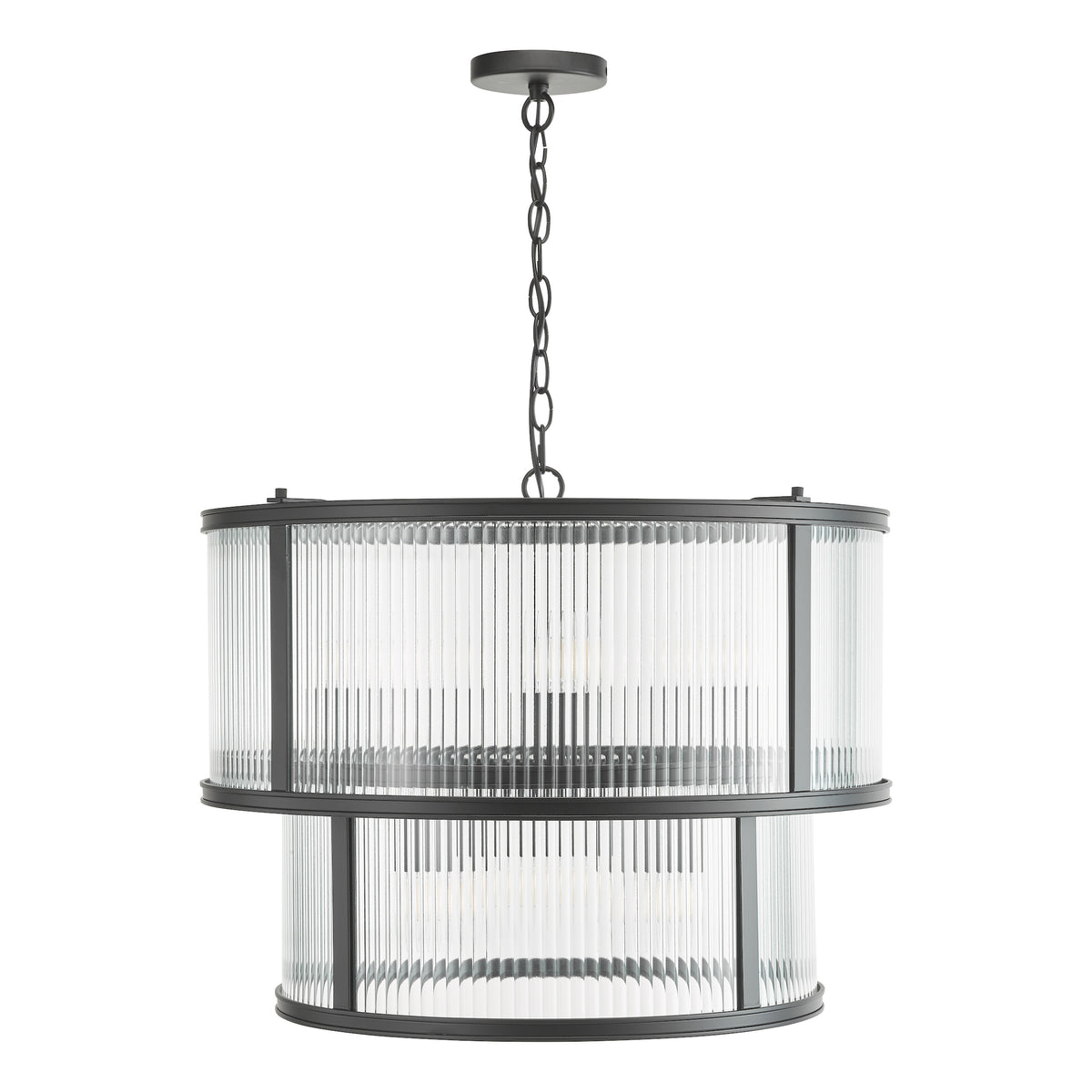 Two-tier chandelier with fluted glass shades and a dark metal frame