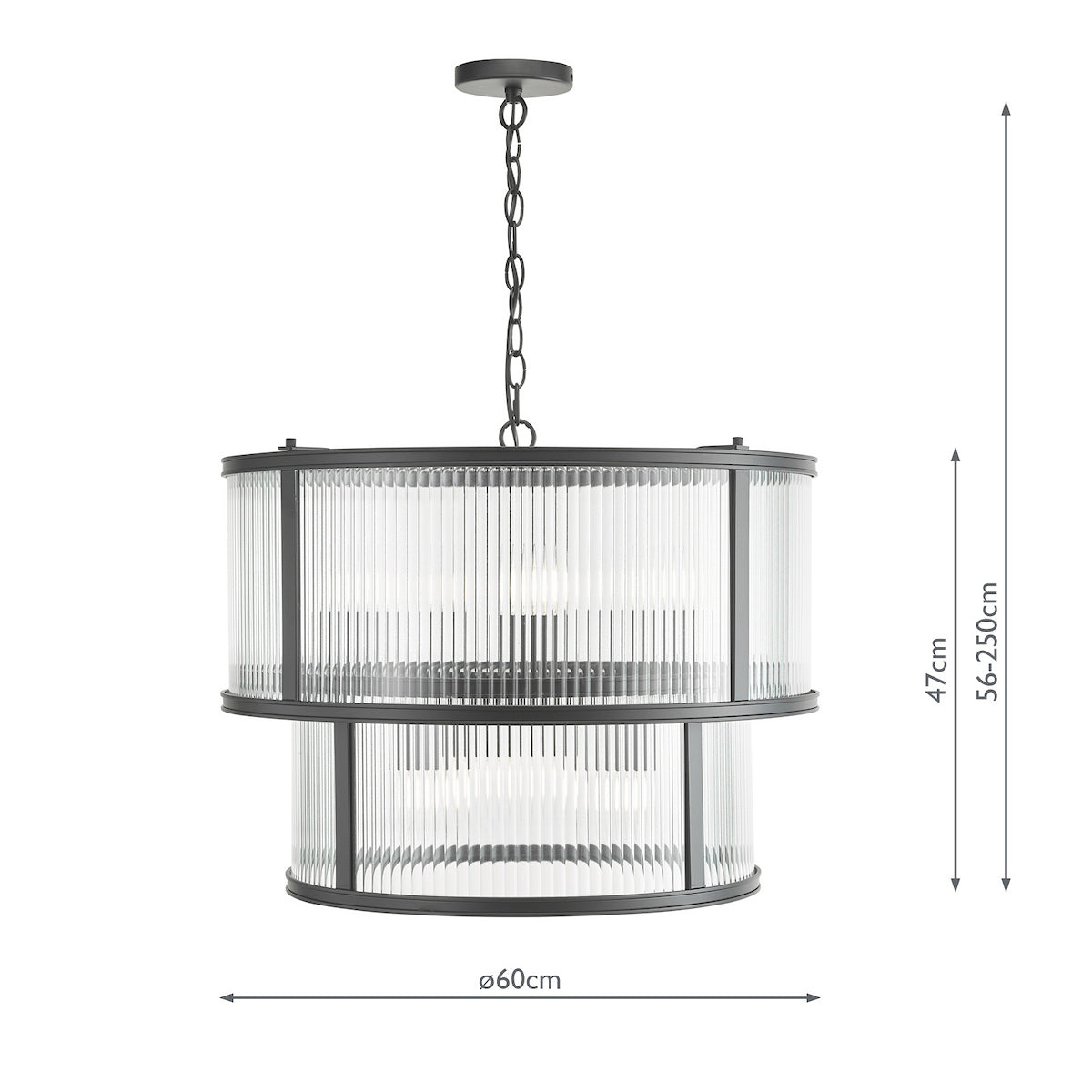 Two-tier chandelier with fluted glass shades and dark metal frame, showing dimensions