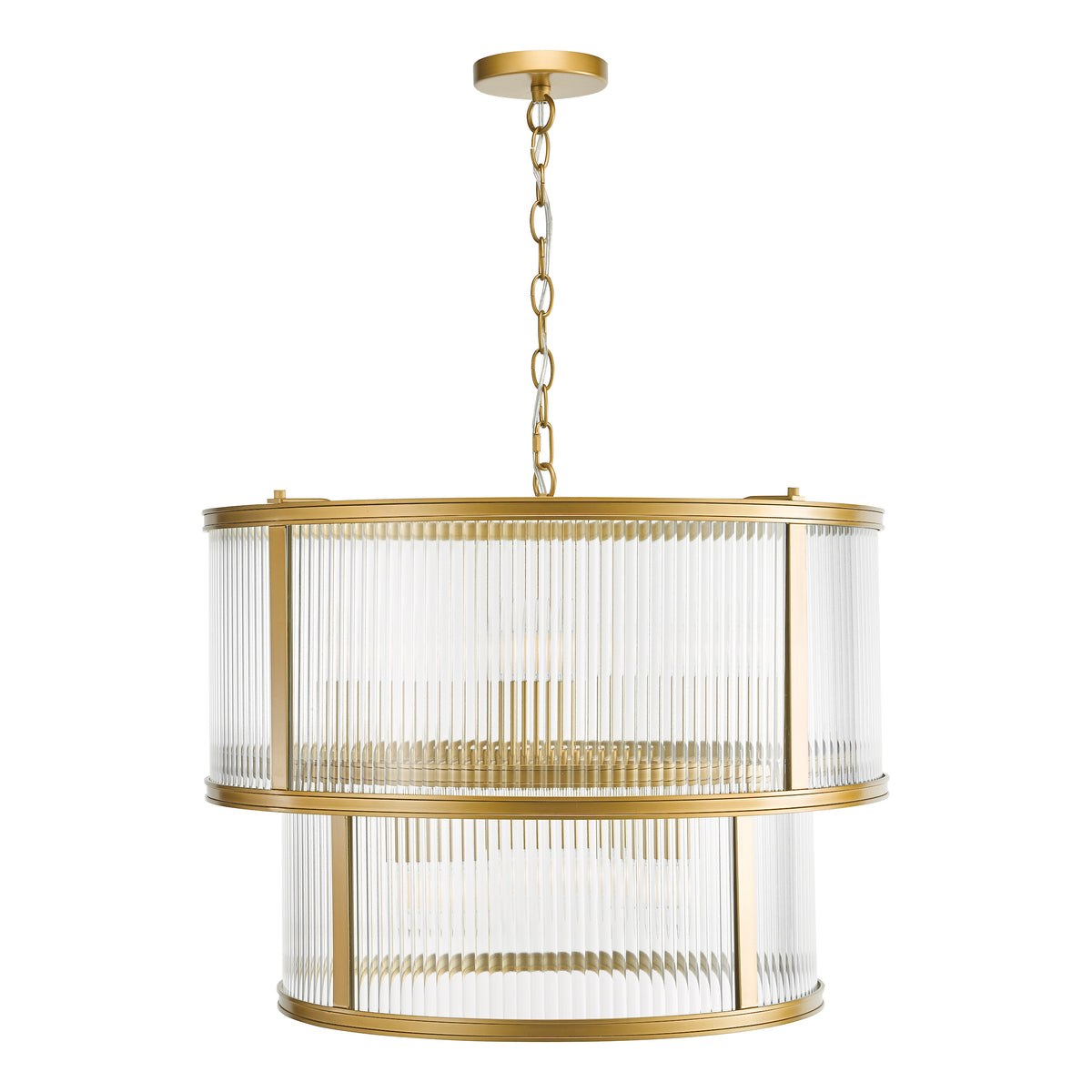 Two-tiered chandelier with gold frame and fluted glass shades