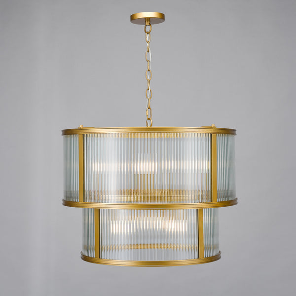 Two-tier chandelier with gold frame and fluted glass shades