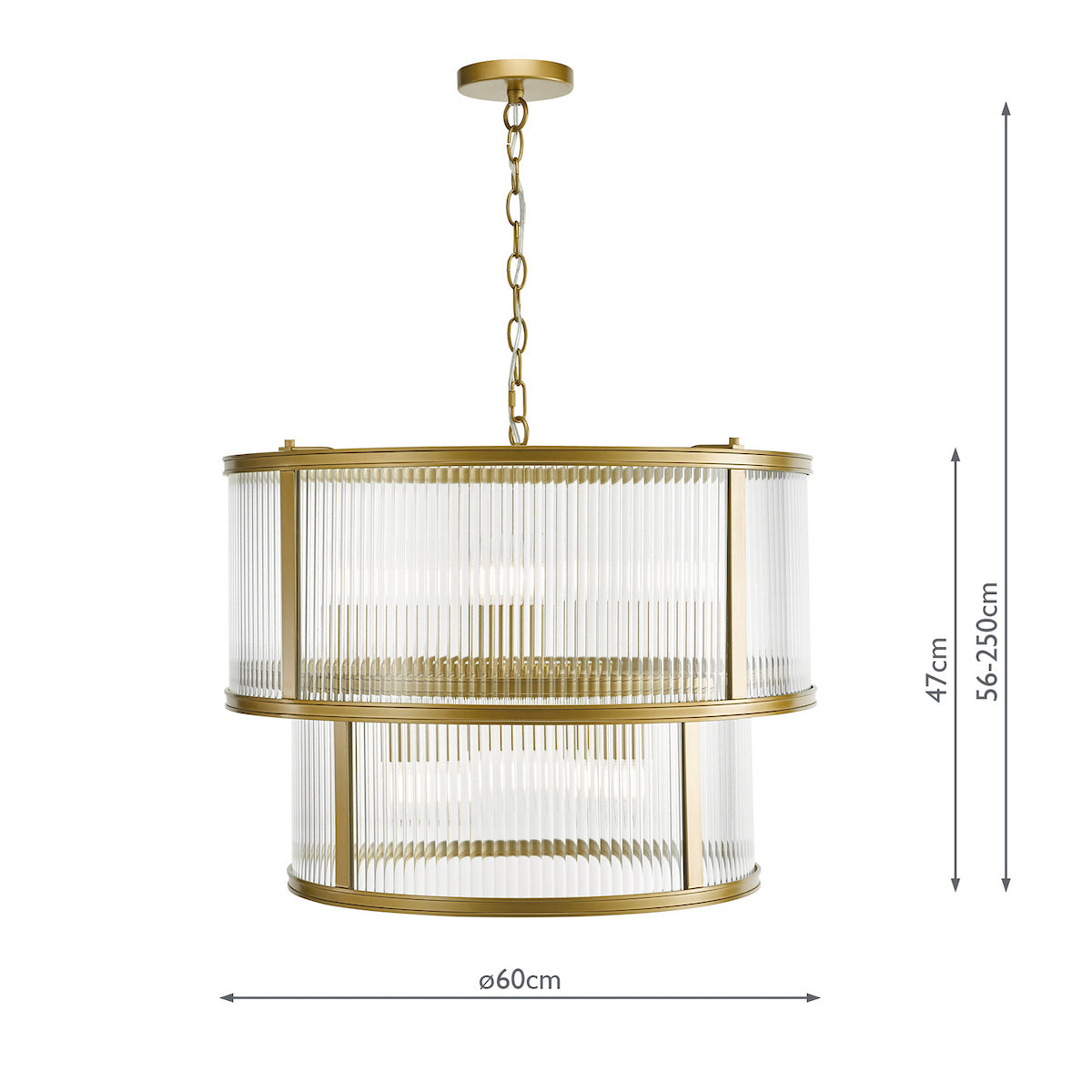 Two-tier gold chandelier with ribbed glass shades and dimensions