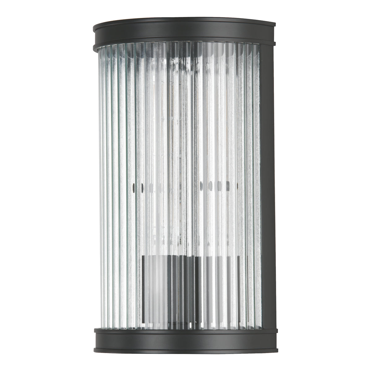 Black outdoor wall light with clear fluted glass shade