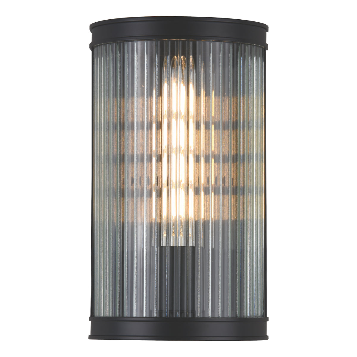 Black outdoor wall light with ribbed glass shade
