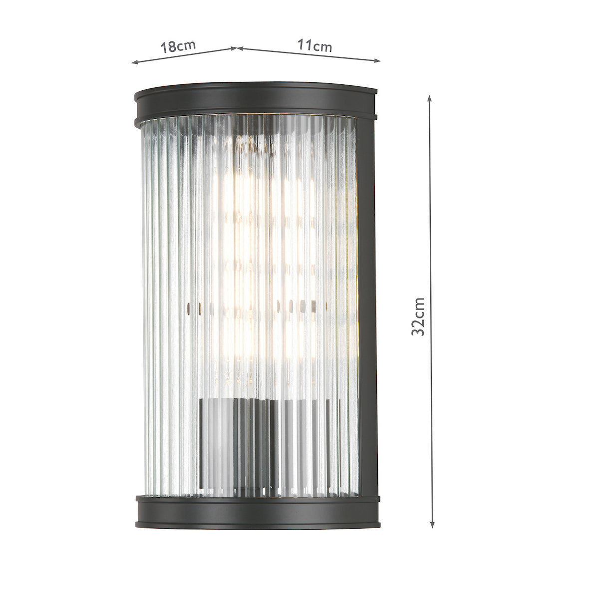 Black outdoor wall light with fluted glass, 32cm height, 18cm width, 11cm depth