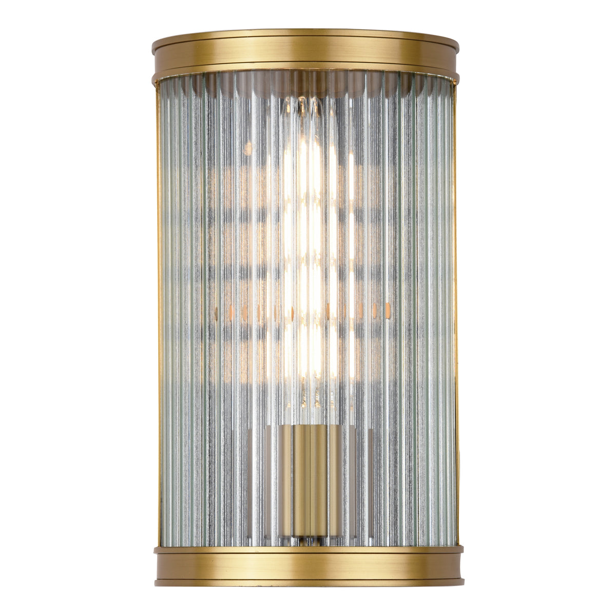 Cylindrical wall sconce with ribbed glass and brass accents