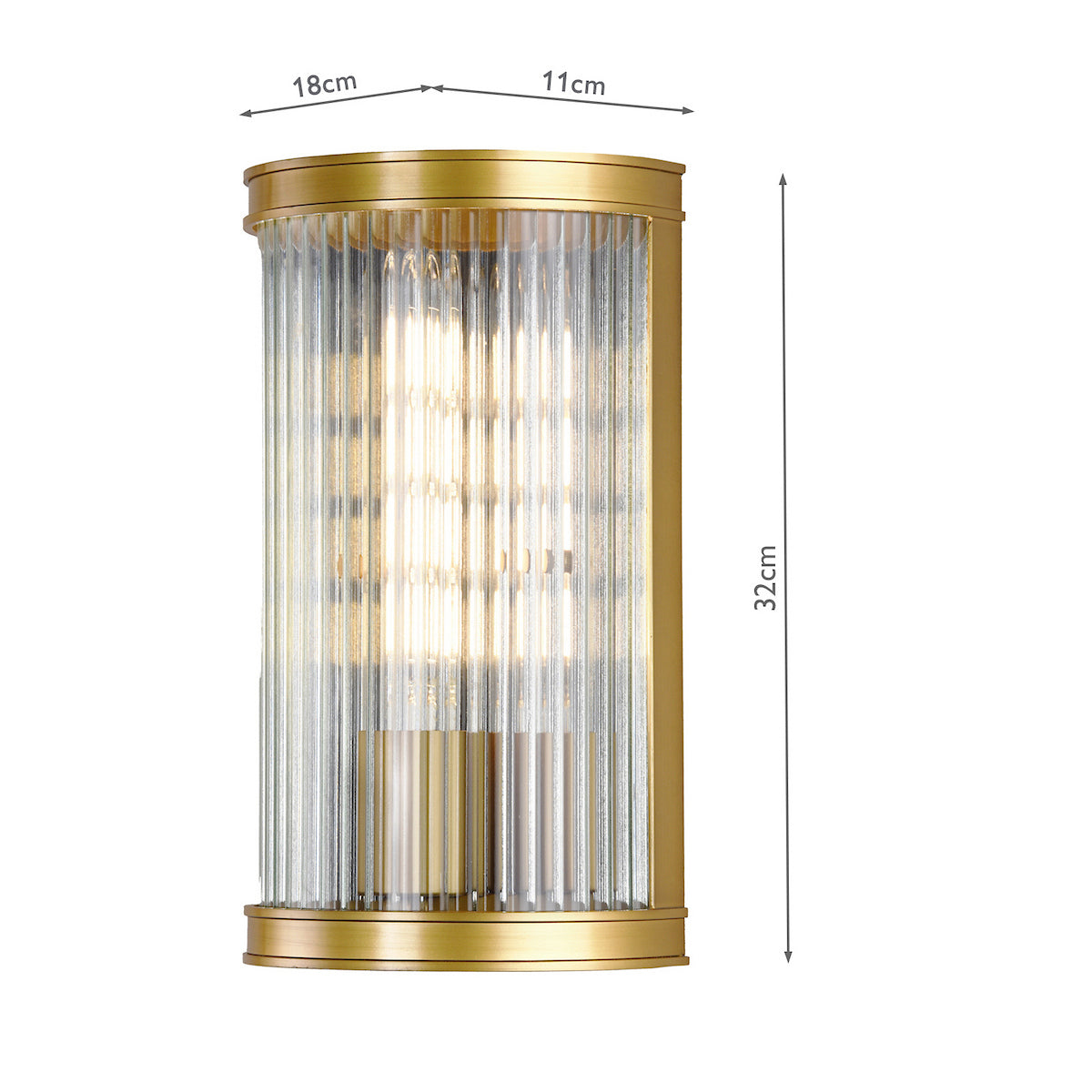 Brass wall light with ribbed glass shade and exposed bulb, dimensions 32cm high, 18cm wide, 11cm deep