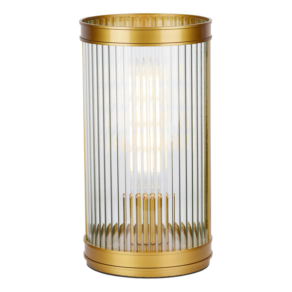 Gold and glass cylindrical table lamp with a vertical ribbed design