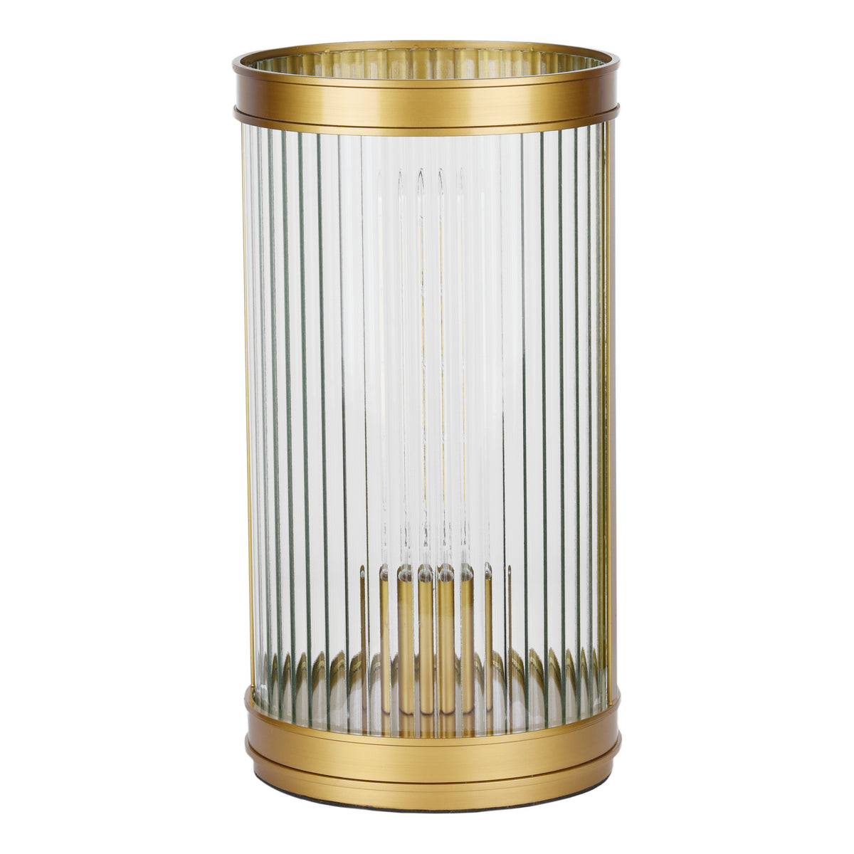 Gold and clear glass cylindrical lantern with vertical fluted design