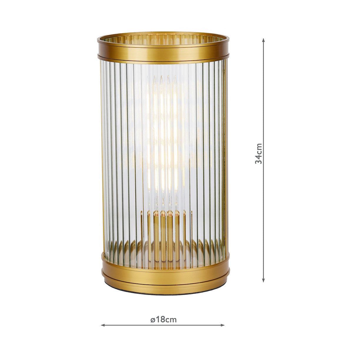 Gold and glass table lamp with vertical fluted design, 34cm tall and 18cm diameter