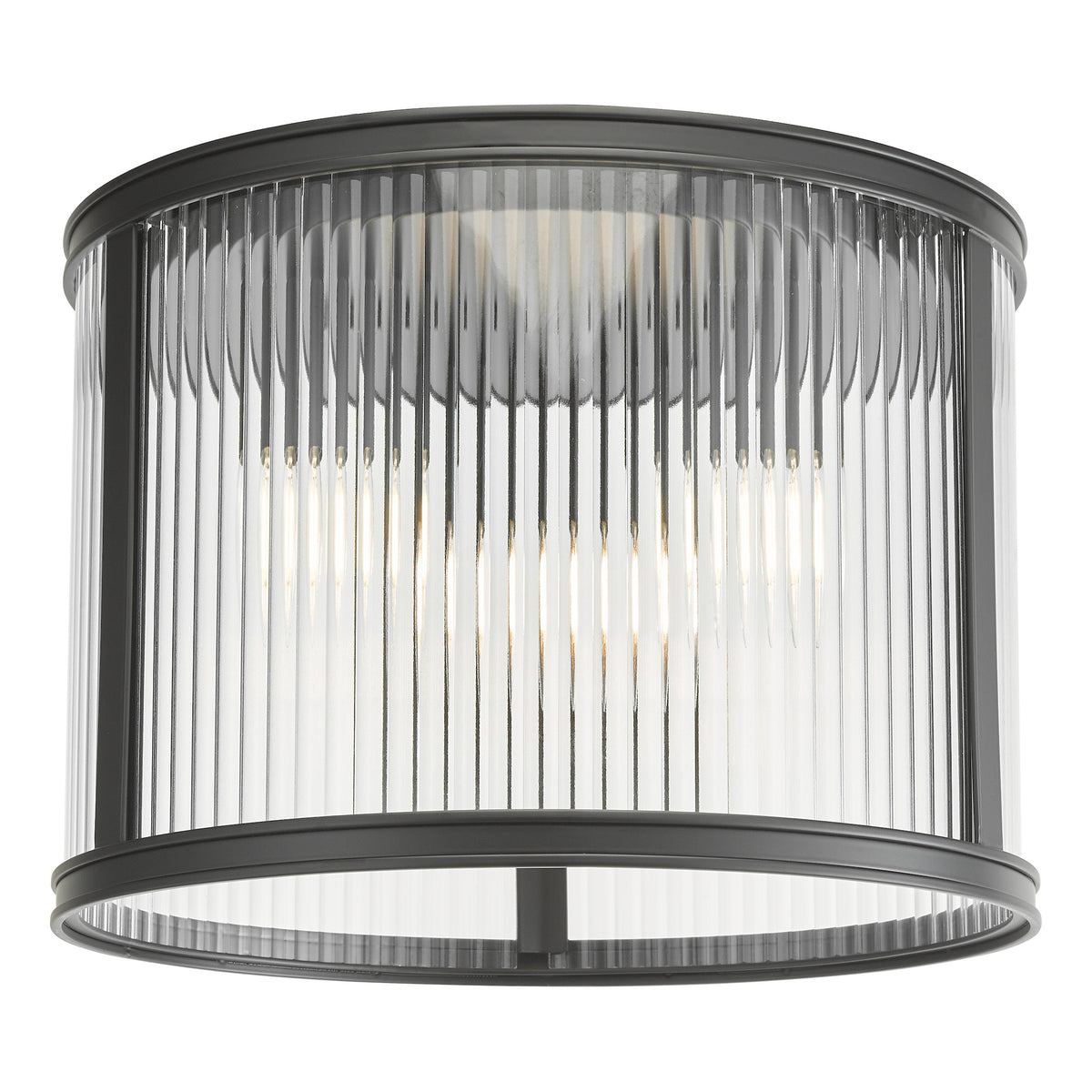 Round ceiling light with a dark metal frame and a fluted glass shade, showing illuminated bulbs inside