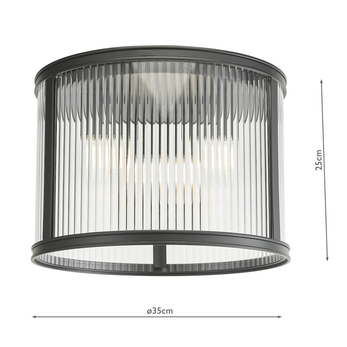 Round ceiling light with fluted glass shade and dark metal frame, showing dimensions of 25cm height and 35cm diameter
