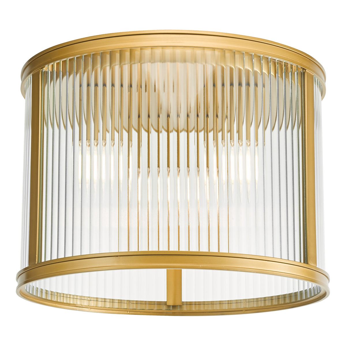 Round gold flush mount light with clear fluted glass shade