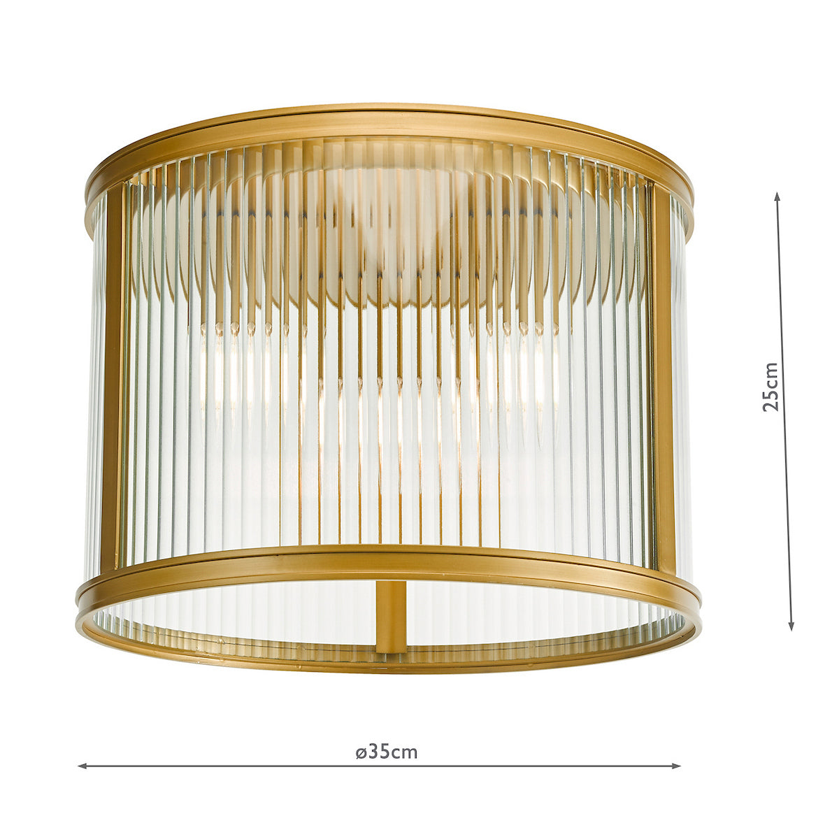 Round gold ceiling light with fluted glass shade and dimensions of 25cm height and 35cm diameter