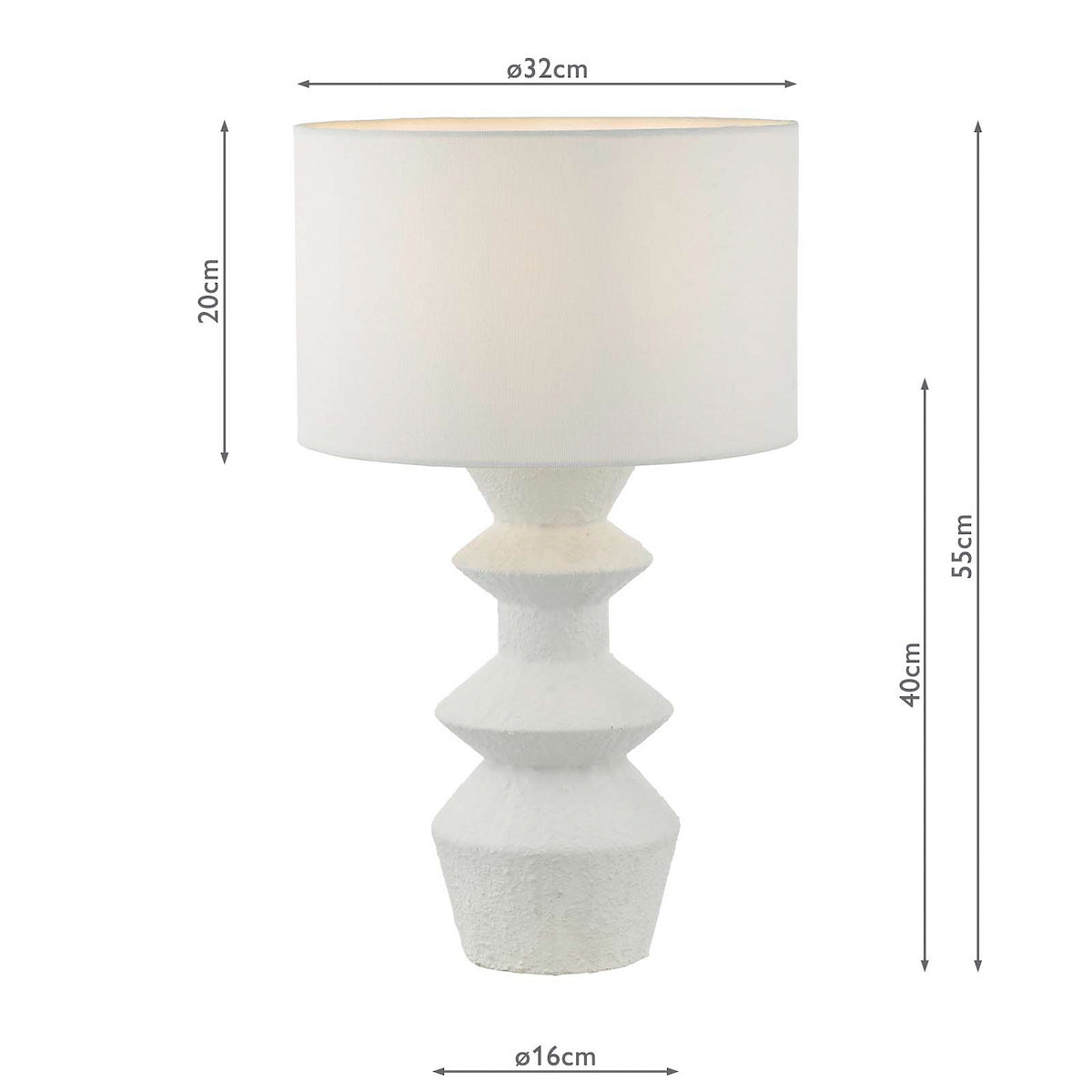 White textured table lamp with a tiered base and a cylindrical shade, showing dimensions.