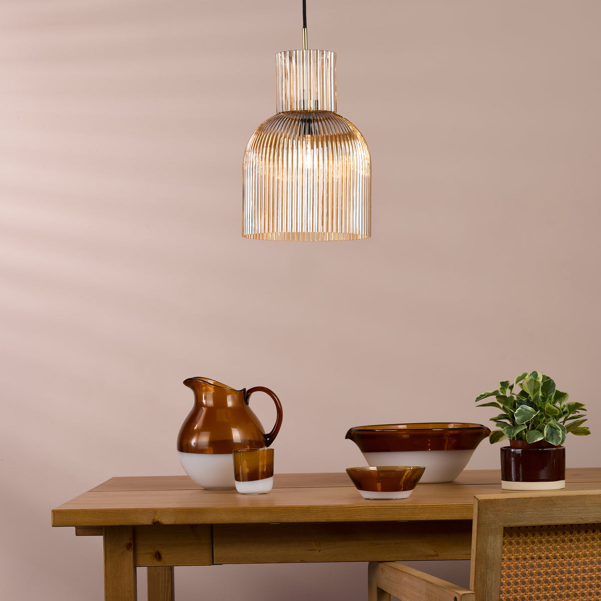 Bixby Pendant in Brushed Bronze with Amber Ribbed Glass Shade