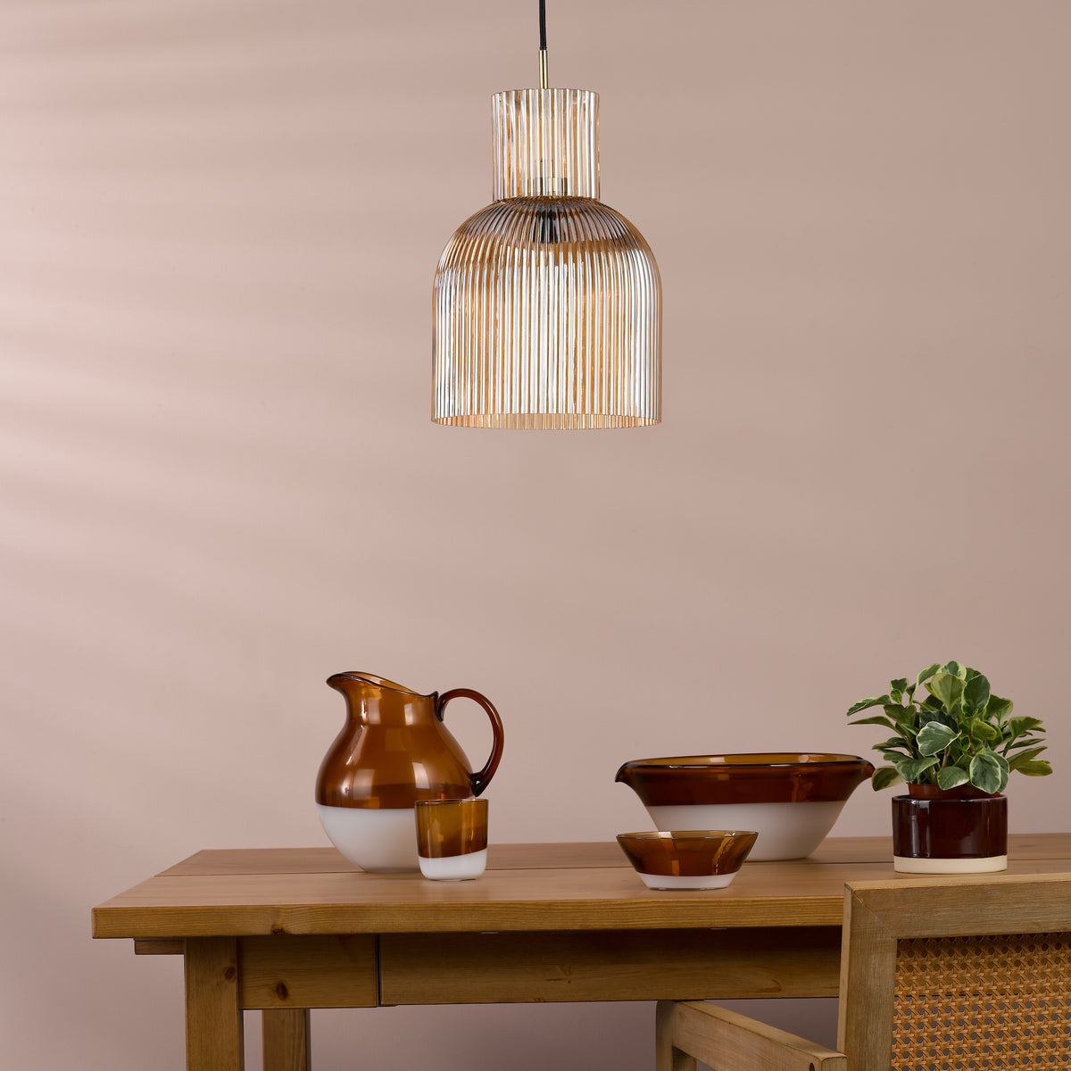 Bixby Pendant in Brushed Bronze with Amber Ribbed Glass Shade