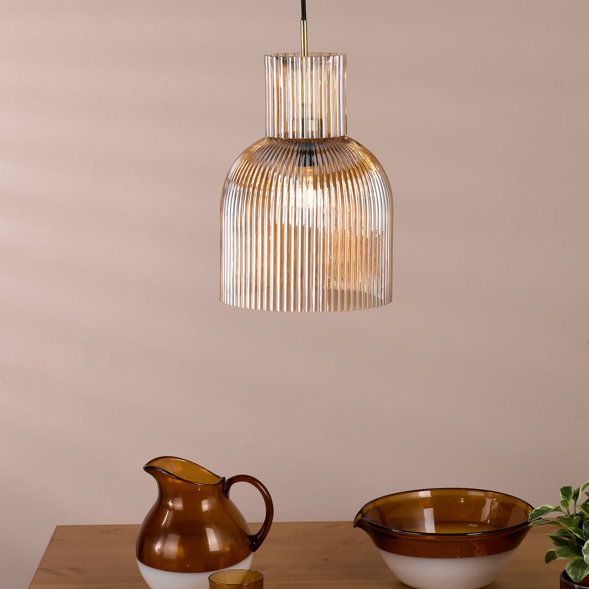 Bixby Pendant in Brushed Bronze with Amber Ribbed Glass Shade