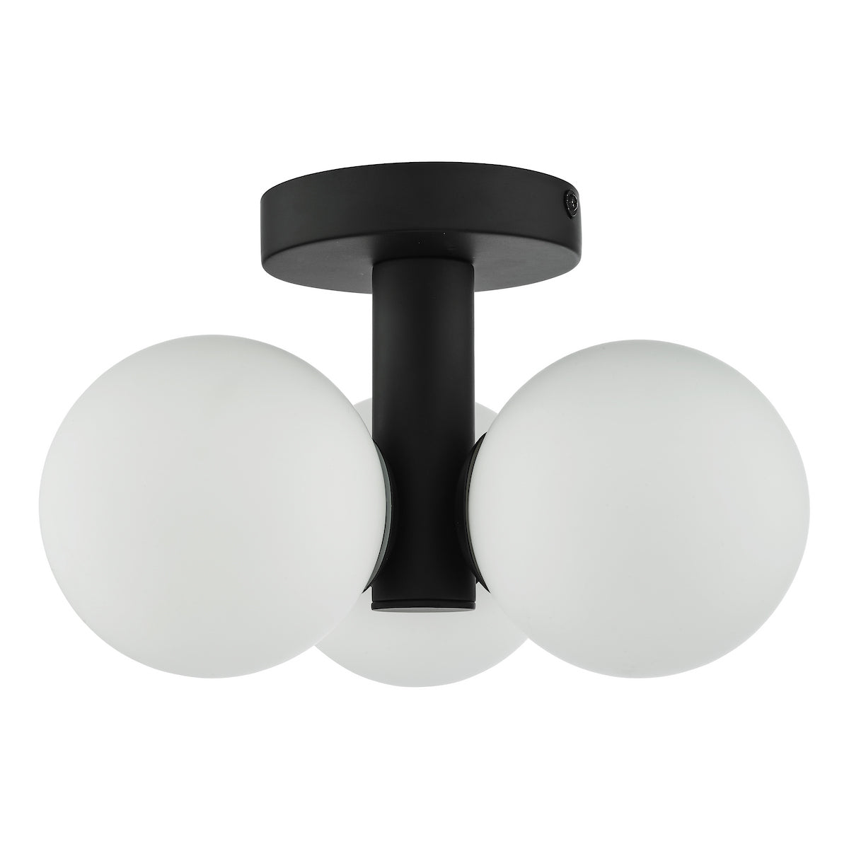Black ceiling light with three white spherical shades.